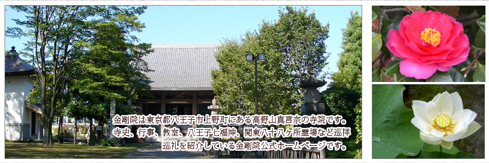 金剛院は東京都八王子市上野町にある高野山真言宗の寺院です。 寺史、行事、教室、八王子七福神、関東八十八ヶ所霊場など巡拝巡礼を紹介している金剛院公式ホームページです。